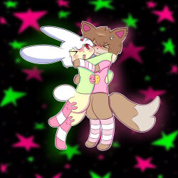  absurd_res anthro closed_eyes denks duo felid feline female hi_res hug hugging_another lagomorph leporid love male male/female mammal one_eye_closed open_mouth rabbit smile standing sweertyw wink 