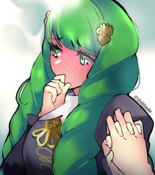  1340smile 1girls 1other blush blushing_at_viewer cute embarrassed female_focus fire_emblem fire_emblem:_three_houses fire_emblem_heroes flayn_(fire_emblem) full-face_blush garreg_mach_monastery_uniform green_hair hand_holding holding_hands holding_hands_is_lewd innocent looking_away nintendo solo_focus source_larger tears uncommon_stimulation wholesome 