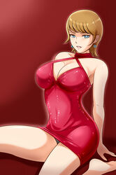  009-1 1girls android bare_arms bare_legs blonde_hair blue_eyes breasts cleavage cyborg dark_blonde dark_blonde_hair dress earrings female high_resolution image large_breasts light-skinned_female mylene_hoffman panties pantyshot red_background red_dress seductive_smile short_hair simple_background smiling_at_viewer solo solo_female 