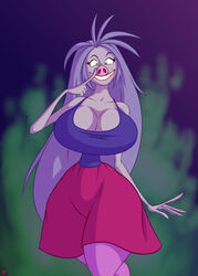  1girls 5_fingers alternate_breast_size arms bare_shoulders big_breasts breasts cleavage clothed cursereaper cute disney disney_villains dress eyebrows eyelashes female female_only front_view gilf green_eyes grey_skin hair hands hips hourglass_figure huge_breasts human human_only humanoid large_breasts legs lipstick long_hair looking_at_viewer madam_mim mature_female pig_nose pig_snout purple_hair smile smiling smiling_at_viewer snout solo solo_female teeth the_sword_in_the_stone thick thick_thighs thighs very_long_hair watermark wide_hips witch 