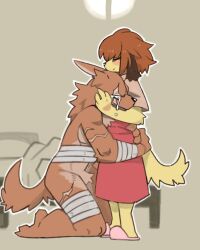  2023 4:5 absurd_res anthro arm_scar bandage bandaged_arm bandaged_chest bandaged_leg biped bodily_fluids brown_body brown_fur brown_hair canid canine canis clothed clothed_anthro clothed_female clothing comforting crying digital_drawing_(artwork) digital_media_(artwork) dog_tail domestic_dog dress duo facial_scar female floppy_ears footwear fully_clothed fully_clothed_anthro fully_clothed_female fur hair hi_res hug hugging_another kneeling larger_anthro larger_male leg_scar lop_ears male mammal muscular muscular_anthro muscular_male nude nude_anthro nude_male outline pizademokttero plantigrade scar shaded shoes side_view simple_background size_difference slim slim_anthro slim_female slippers smaller_anthro smaller_female soft_shading tan_background tan_body tan_fur tears tears_of_joy white_outline wolf 