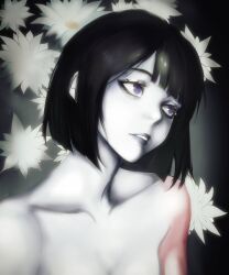  black_background black_hair blunt_bangs blunt_ends bob_cut close-up collarbone colored_skin commentary completely_nude ena:_dream_bbq ena_(dream_bbq) ena_(series) eyelashes female flower ghost_hua gradient_background grey_background grey_lips grey_skin highres lips looking_afar looking_to_the_side no_pupils nose nude out-of-frame_censoring parted_lips portrait purple_eyes red_skin short_hair solo untranslatable_commentary white_flower 