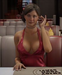  1boy 1girls 3d black_hair blue_eyes breasts choker cleavage diner dress emberstock female insomniac_games large_breasts latina looking_at_viewer male marvel marvel_comics milf pov rio_morales rio_morales_(playstation) smile solo_focus sony_interactive_entertainment spider-man:_miles_morales_(ps5) spider-man_(ps4) spider-man_(series) tan_skin unseen_male_face 