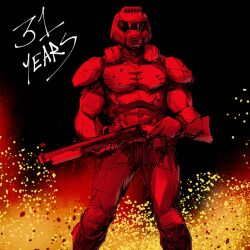  1boy armor artist_request assault_visor black_background commentary doom_(game) doom_(series) doom_art doomguy english_commentary english_text gloves gun helmet holding holding_gun holding_weapon knee_pads looking_ahead male_focus midriff monochrome official_art pants red_theme short_sleeves shotgun solo weapon 