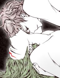  1boy brown_hair c.c. closed_eyes code_geass couple female green_hair head_back highres implied_sex kururugi_suzaku long_hair lying on_back short_hair urinxychjzzwlof 