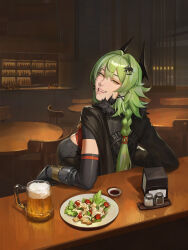  alcohol bar_(place) beer beer_mug bottle braid breasts caesar_king_(zenless_zone_zero) chair chest_guard clothes_writing commentary cup elbows_on_table english_commentary fake_horns female food from_behind fur_trim green_hair hair_ornament highres horns large_breasts long_hair looking_at_viewer mug open_mouth pepper_(spice) pepper_shaker plate realistic salad salt salt_shaker smile snowmoeka solo table yellow_eyes zenless_zone_zero 