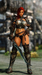  1girls armor bare_midriff bare_thighs big_breasts bikini_armor brown_body brown_skin female green_body green_skin kunjin_gra-zob looking_at_viewer orc orc_female orsimer panties pinup pinup_pose red_hair skyrim sword the_elder_scrolls thighhighs unconvincing_armor 