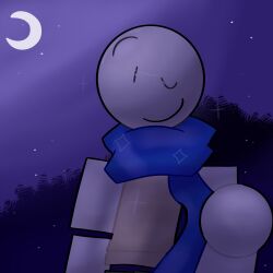  1:1 absurd_res ambercatto blue_background blue_scarf circlehead concrete divorced grass grey_arms grey_head hi_res humanoid leaf looking_at_viewer male moon night one_eye_closed plant regretevator roblox scarf simple_background solo star tan_body tishatissues wallter_(regretevator) wink winking_at_viewer 