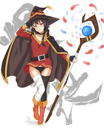  ass_visible_through_thighs bandaged_leg bandages black_gloves black_hair black_panties cape collar commentary_request densuke_(iha-syuon) dress female fingerless_gloves gloves hat highres holding holding_staff kono_subarashii_sekai_ni_shukufuku_wo! megumin panties red_dress red_eyes short_dress short_hair smile solo staff underwear witch_hat 