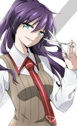  akuma_no_riddle aqua_eyes bad_id bad_pixiv_id breasts commentary_request female fingernails highres kago-tan long_hair medium_breasts necktie open_mouth ponytail purple_hair scissors smile solo takechi_otoya vest weapon 