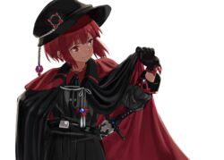  alternate_costume alternate_eye_color alternate_hair_color belt black_cape black_gloves cape cape_tug commentary duplicate female flat_cap gloves hand_on_own_hip hat kantai_collection knight long_sleeves looking_away looking_to_the_side luicent pixel-perfect_duplicate red_cape red_eyes red_hair sheath sheathed short_hair simple_background solo sword upper_body weapon white_background z3_max_schultz_(kancolle) 