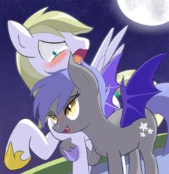  aymint bat_pony bat_wings blush cutie_mark duo equid equine fan_character fangs female feral fur guard hasbro hybrid male male/female mammal membrane_(anatomy) membranous_wings moon my_little_pony mythological_creature mythological_equine mythology night open_mouth pegasus pupils romantic romantic_ambiance romantic_couple sky slit_pupils star teeth tuft wings 