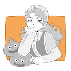  bored commentary_request dragon_quest dragon_quest_vii female frown hat head_rest long_hair maribel_(dq7) monochrome nabana_(bnnbnn) orange_background simple_background slime_(dragon_quest) spot_color 