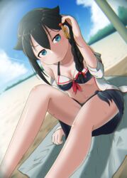  ahoge bad_id bad_pixiv_id beach braid female hair_ornament hair_over_shoulder kantai_collection koppa_mijinko_(series2023) outdoors shigure_(kancolle) shigure_kai_ni_(kancolle) single_braid sitting solo swimsuit 