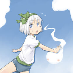  alternate_costume blue_eyes buruma commentary_request female gym_uniform headband hitodama konpaku_youmu konpaku_youmu_(ghost) myonde solo sweat touhou white_hair 