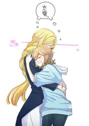  2girls ado002 atra_mixta blonde_hair braid brown_hair closed_eyes commentary_request gundam gundam_tekketsu_no_orphans hug kudelia_aina_bernstein long_hair multiple_girls short_hair translated 