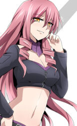  akuma_no_riddle artist_name bad_id bad_pixiv_id breasts cleavage commentary_request crop_top drill_hair female hand_on_own_cheek hand_on_own_face hand_on_own_hip highres inukai_isuke kago-tan long_hair looking_at_viewer medium_breasts midriff navel open_mouth parted_lips pink_hair solo yellow_eyes 