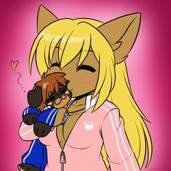  1:1 blonde_hair blush bornvictim breasts canid canine canis chevi chibi cleavage clothed clothing domestic_dog female hair heart_symbol june_(disambiguation) kingofkof kissing mammal miles_(kingofkof) pink_background plushie shizuki simple_background teacher teachers_pet tracksuit wolf 