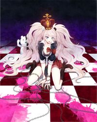  blonde_hair blood blue_eyes boots breasts chains cleavage commentary_request crown danganronpa:_trigger_happy_havoc danganronpa_(series) enoshima_junko female hair_ornament highres huge_breasts long_hair mimi_(mini1474) monokuma nail_polish pink_blood sleeves_rolled_up spoilers tile_floor tiles twintails 