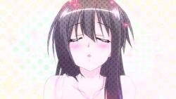  animated animated black_hair blush breasts cleavage female green_eyes hair_ornament incoming_kiss jewelry kissing kore_wa_zombie_desu_ka? large_breasts long_hair looking_at_viewer necklace pendant polka_dot polka_dot_background ponytail pov scrunchie seraphim_(kore_wa_zombie_desu_ka?) simple_background solo sparkle sparkling upper_body 