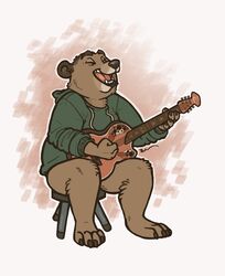  2015 abigfathen ambiguous_gender anthro bear bottomless brown_body brown_fur closed_eyes clothed clothing fur furniture guitar mammal musical_instrument playing_guitar playing_music plucked_string_instrument solo stool string_instrument 