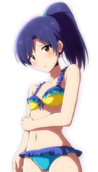  :o absurdres bare_shoulders bikini blue_hair blush brown_eyes collarbone commentary_request female highres idolmaster idolmaster_(classic) kisaragi_chihaya long_hair looking_at_viewer navel ponytail rariemonn simple_background solo swimsuit vivid_bikini_(idolmaster) white_background 