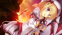  blonde_hair eufonie game_cg hat ichikura_chiharu koiken_otome purple_eyes ribbons seifuku sunset tateha 