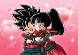  1boy beat_(dragon_ball) black_eyes black_hair blush commentary_request dragon_ball dragon_ball_heroes female highres hug karoine kissing note_(dragon_ball) open_mouth ponytail saiyan straight tail 