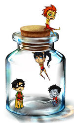  3boys ankle_lace-up aqua_lad aquaman_(series) batman_(series) black_hair blue_eyes blue_shoes cape chibi cross-laced_footwear dc_comics dick_grayson domino_mask donna_troy female flash_(series) flying garth gloves green_eyes green_shoes hands_on_hips in_container jar kid_flash leotard mask miniboy minigirl multiple_boys orange_hair ponytail red_gloves red_shirt robin_(dc) shirt shoes sitting teen_titans wally_west wonder_girl wonder_woman_(series) 