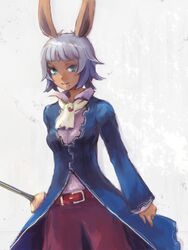  animal_ears blunt_bangs commentary_request female final_fantasy final_fantasy_tactics_advance kno_(anahita) mole mole_under_mouth rabbit_ears short_hair solo sword valentyne viera weapon 