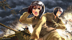  2boys artist_request assault_visor battle caterpillar_tracks cloud company_name copyright_notice english_text explosion female flying goggles goggles_on_head gun helmet highres mecha mig-21_balalaika_(muv-luv) military military_uniform military_vehicle motor_vehicle multiple_boys muv-luv orange_visor photoshop_(medium) robot science_fiction t-62 tactical_surface_fighter tank uniform weapon 