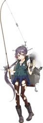  akebono_(kancolle) akebono_(saury_festival)_(kancolle) anchor bad_source bell black_footwear boots can crab damaged defeat drew_(drew213g) female fishing_gear fishing_hook fishing_line fishing_rod flower full_body hair_bell hair_flower hair_ornament jingle_bell kantai_collection long_hair official_alternate_costume official_art pantyhose rubber_boots side_ponytail solo torn_clothes torn_pantyhose transparent_background very_long_hair vest 