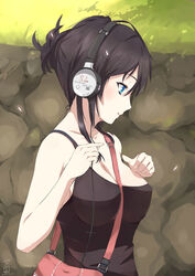  bag bare_shoulders black_hair blue_eyes breasts cherry_blossoms cleavage closed_mouth collarbone female female headphones md5_mismatch medium_hair original outdoors resized solo strap_cleavage yukiguni_yuu 