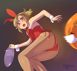  animal_ears ass black_background bow bowtie brown_hair commentary_request cowboy_shot detached_collar female flipped_hair fukusuke_hachi-gou highres jack-o&#039;-lantern leotard looking_back open_mouth orange_eyes original pantyhose playboy_bunny rabbit_ears rabbit_tail red_bow red_bowtie red_leotard short_hair solo strapless strapless_leotard tail tail_removed tray wrist_cuffs 