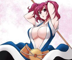  adjusting_hair armpits arms_up breasts center_opening cleavage collarbone commentary_request female hair_bobbles hair_ornament highres innerboob large_breasts navel no_bra onozuka_komachi ooike_teru parted_bangs red_eyes red_hair short_hair solo touhou two_side_up upper_body 