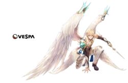  1boy arch_(king&#039;s_raid) arm_support bad_id bad_twitter_id blonde_hair blue_eyes company_name detached_sleeves ezu_(leejiyu) feathered_wings full_body highres king&#039;s_raid looking_at_viewer male_focus multiple_wings official_art on_one_knee pointy_ears polearm simple_background solo transparent_background weapon white_wings wing_ornament wings 