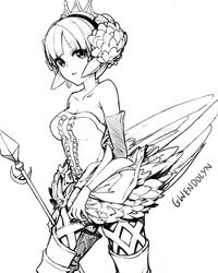  bad_id bad_pixiv_id bare_shoulders dress female francisco_valle gwendolyn_(odin_sphere) monochrome odin_sphere polearm solo spear strapless strapless_dress weapon 