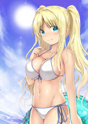  arm_at_side bare_arms bare_shoulders bikini blonde_hair blue_eyes blue_ribbon blue_sky breasts cleavage closed_mouth cloud collarbone commentary_request day female front-tie_bikini_top front-tie_top hand_on_own_chest heart highres holding iiris_(sennen_sensou_aigis) innertube kuromayu large_breasts lens_flare long_hair looking_at_viewer navel ribbon sennen_sensou_aigis side-tie_bikini_bottom sidelocks sky smile solo stomach sun sunlight swim_ring swimsuit tareme twintails water white_bikini 