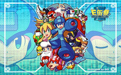  3girls 6+boys age_difference aiming android annotated aqua_background arm_cannon artist_name auto_(mega_man) bald bass_(mega_man) beard beat_(mega_man) bird black-framed_eyewear black_hat blonde_hair blue_background blue_bodysuit blue_eyes bodysuit canine clenched_hand closed_eyes closed_mouth coat cross dr._cossack_(mega_man) dr._light_(mega_man) dr._wily_(mega_man) duo_(mega_man) earrings eddie_(mega_man) energy_tank everyone facial_hair facial_mark father_and_daughter feline flipped_hair framed fur_hat fur_trim glasses gradient_background green_eyes green_ribbons grey_hair grid grid_background grin hair_between_eyes hair_ribbon half-closed_eyes happy hat headphones headset helmet hi-go! high_ponytail highres jewelry kalinka_cossack_(mega_man) lab_coat light_smile long_hair mega_man:_battle_&amp;_chase mega_man_(character) mega_man_(classic) mega_man_(series) met_(mega_man) moustache multiple_boys multiple_girls necktie old old_man one_eye_closed open_clothes open_mouth orange_hair outstretched_arms over-rim_eyewear photoshop_(medium) pink_hair plum_(mega_man) ponytail proto_man red_coat red_cross red_eyes red_necktie reggae_(mega_man) ribbon ripot_(mega_man) robot roll_(mega_man) rush_(mega_man) scarf semi-rimless_eyewear sidelocks smile spread_arms tango_(mega_man) thick_eyebrows tongue translated treble_(mega_man) ushanka visor waving weapon white_hair white_hat wolf yellow_scarf 