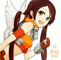  angel_wings arancia bad_id bad_pixiv_id bare_shoulders brown_hair female fingerless_gloves francisco_valle gloves long_hair midriff open_mouth original photoshop_(medium) solo wings yellow_eyes 