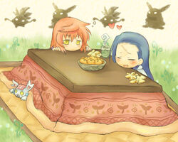  2girls bad_id bad_pixiv_id blue_hair forest_hare_(sekaiju) heart kotatsu lowres mandrake_(sekaiju) multiple_girls pote_(ptkan) ren_(sekaiju) sekaiju_no_meikyuu sekaiju_no_meikyuu_1 stuffed_animal stuffed_toy table tlachtga yellow_eyes 