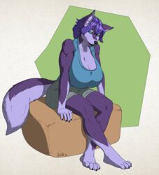  anthro big_breasts black_nose blue_eyes breasts canid canine canis clothed clothing digital_media_(artwork) feet female fur hair hi_res huge_breasts jen_(jindragowolf) jindragowolf looking_at_viewer mammal purple_body purple_fur purple_hair simple_background smile solo wolf 