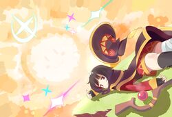  ass bandaged_leg bandages black_gloves black_hair cape commentary_request dress female fingerless_gloves gloves hat kono_subarashii_sekai_ni_shukufuku_wo! megumin phibonnachee red_dress red_eyes short_dress short_hair smile solo staff witch_hat 