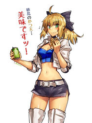  ahoge artist_name artoria_pendragon_(fate) belt black_bow black_skirt blonde_hair blush boots bow breasts can cleavage commentary_request cowboy_shot crop_top cropped_jacket drink_can eating eighth_note fate/stay_night fate_(series) female green_eyes hairbow highres jacket looking_at_viewer medium_breasts melon22 midriff miniskirt musical_note navel official_alternate_costume official_alternate_hairstyle open_clothes open_jacket ponytail race_queen saber_(fate) saber_(type-moon_racing)_(fate) signature simple_background skirt soda_can solo stomach strapless thigh_boots thighhighs translated tube_top white_background white_footwear white_jacket 