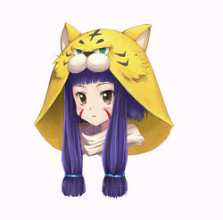  animal_hood bad_link blue_hair blush drawfag facial_mark female hood long_hair maeda_inuchiyo oda_nobuna_no_yabou portrait scarf sidelocks solo tiger_hood yellow_eyes 