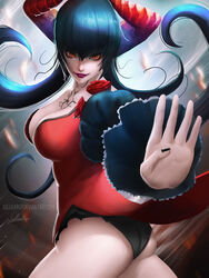  ass black_hair black_nails black_panties breast_tattoo breasts cleavage commentary_request demon_horns dress eliza_(tekken) eyelashes female fingerless_gloves gloves hair_between_eyes highres horns juliet_sleeves large_breasts lolliedrop long_hair long_sleeves nail_polish orange_eyes pale_skin panties pantyshot puffy_sleeves red_dress sakimichan_(style) signature slit_pupils solo standing tattoo tekken tekken_7 tekken_revolution underwear vampire watermark web_address 