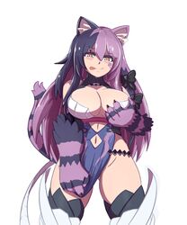  7th_dragon_(series) 7th_dragon_iii :p animal_ears animal_hands ass_visible_through_thighs black_fur black_hair black_ribbon black_thighhighs breasts breasts_apart cat_ears cat_tail cheshire_cat_(monster_girl_encyclopedia) cleavage_cutout closed_mouth clothing_cutout commentary cosplay cowboy_shot english_commentary facial_tattoo female grabbing_own_breast hair_between_eyes hair_ribbon heart heart_tattoo highres large_breasts legs_apart long_hair looking_at_viewer monster_girl monster_girl_encyclopedia multicolored_hair nav_(itsnav) navel pelvic_curtain purple_fur purple_hair ribbon rune-knight_(7th_dragon) simple_background slit_pupils smile solo standing striped tail tattoo thighhighs tongue tongue_out two-tone_hair urye_(7th_dragon) urye_(7th_dragon)_(cosplay) white_background yellow_eyes 