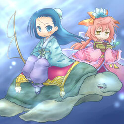  2girls bad_id bad_pixiv_id baggy_pants blue_eyes blue_hair box character_request cosplay fishing_rod flower hagoromo hair_bun hair_flower hair_ornament holding holding_box japanese_clothes long_hair lowres multiple_girls otohime otohime_(cosplay) pants pote_(ptkan) ren_(sekaiju) sandals sekaiju_no_meikyuu sekaiju_no_meikyuu_1 shawl sleeves_past_wrists tlachtga turtle underwater urashima_tarou urashima_tarou_(cosplay) wide_sleeves yellow_eyes zouri 