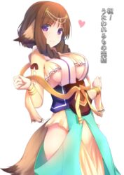  animal_ears breasts brown_hair clothing_cutout commentary_request cowboy_shot cuon_(kuon) dog_ears dog_tail dress drill_hair eyebrows female fumirul large_breasts purple_eyes side_cutout simple_background solo standing tail translated underboob utawarerumono utawarerumono:_futari_no_hakuoro white_background 