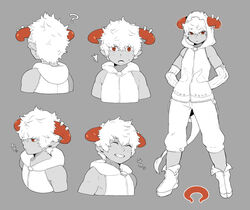  1boy ? brown_eyes closed_eyes commentary_request demon demon_boy freckles full_body grey_background grin hood hoodie horns horns_through_headwear male_focus monochrome multiple_views nabana_(bnnbnn) orange_eyes original reference_sheet simple_background smile tail 